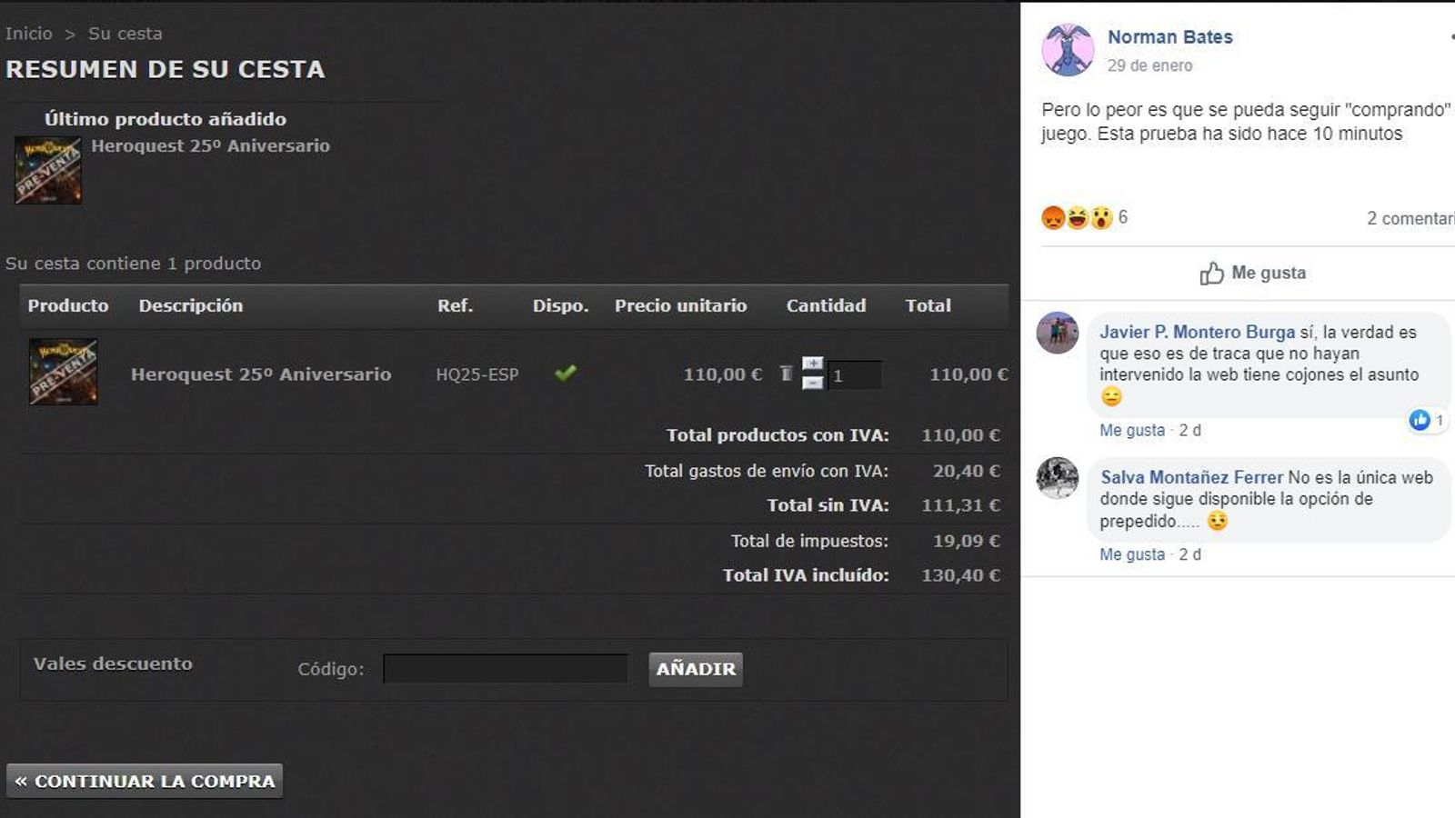 Comentario de los usuarios sobre el Heroquest en redes sociales