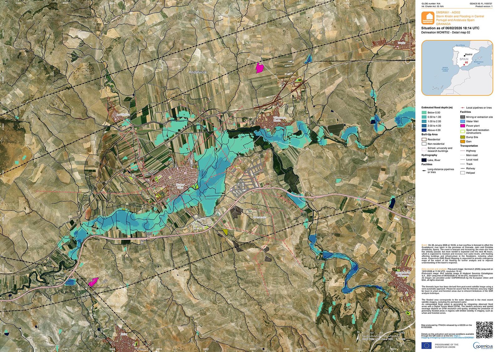 Zonas inundadas entre Huétor Tájar y Villanueva Mesía el viernes 6, en lo peor de la borrasca Leonardo