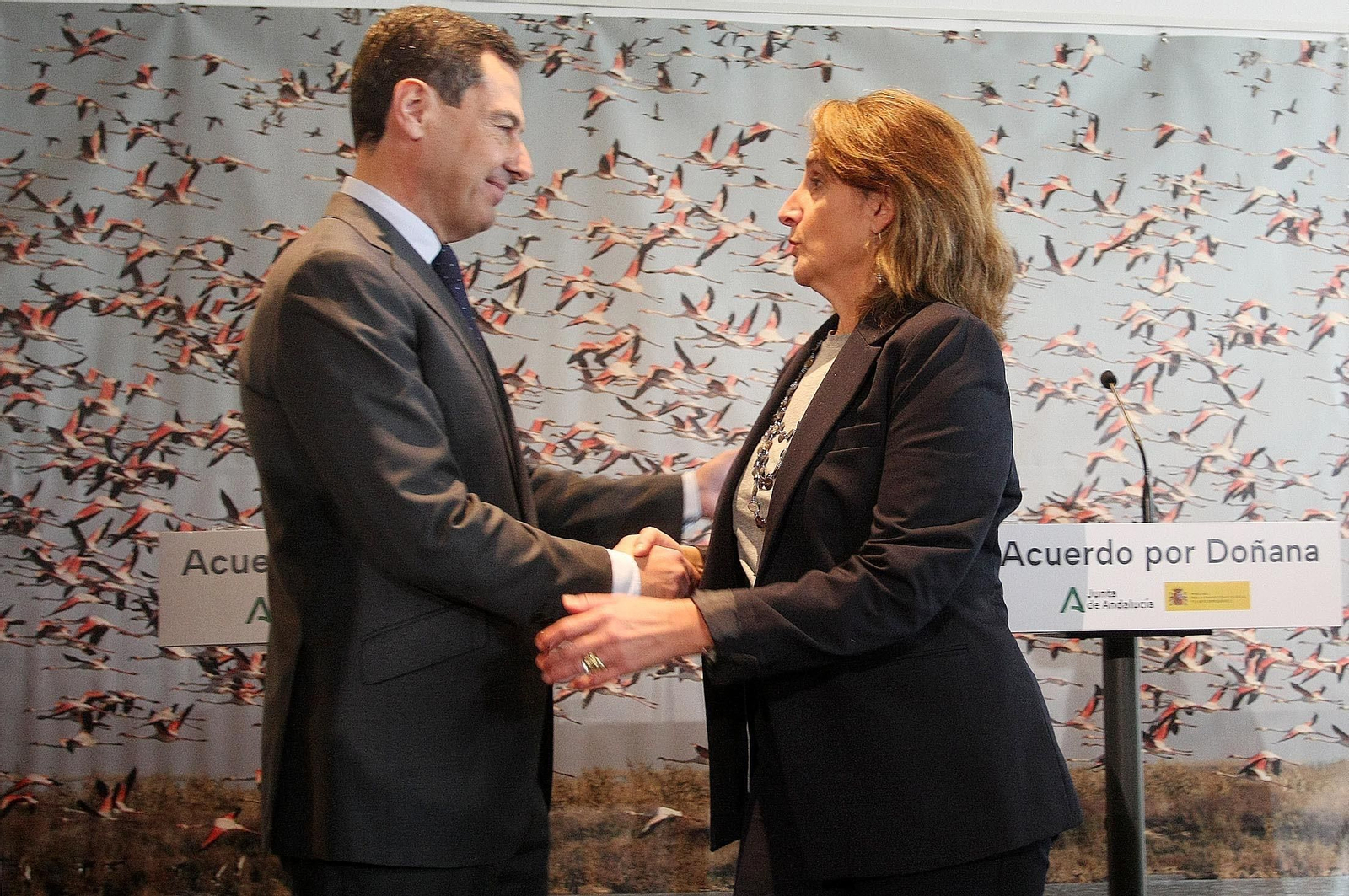 Juanma Moreno y Teresa Ribera muestran el pacto alcanzado entre Junta y Gobierno hace hoy dos años.