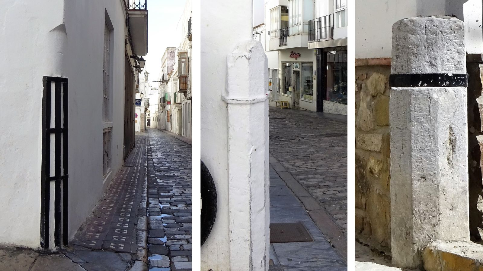 Tres ejemplos de guadacantones en el casco histórico de Tarifa.