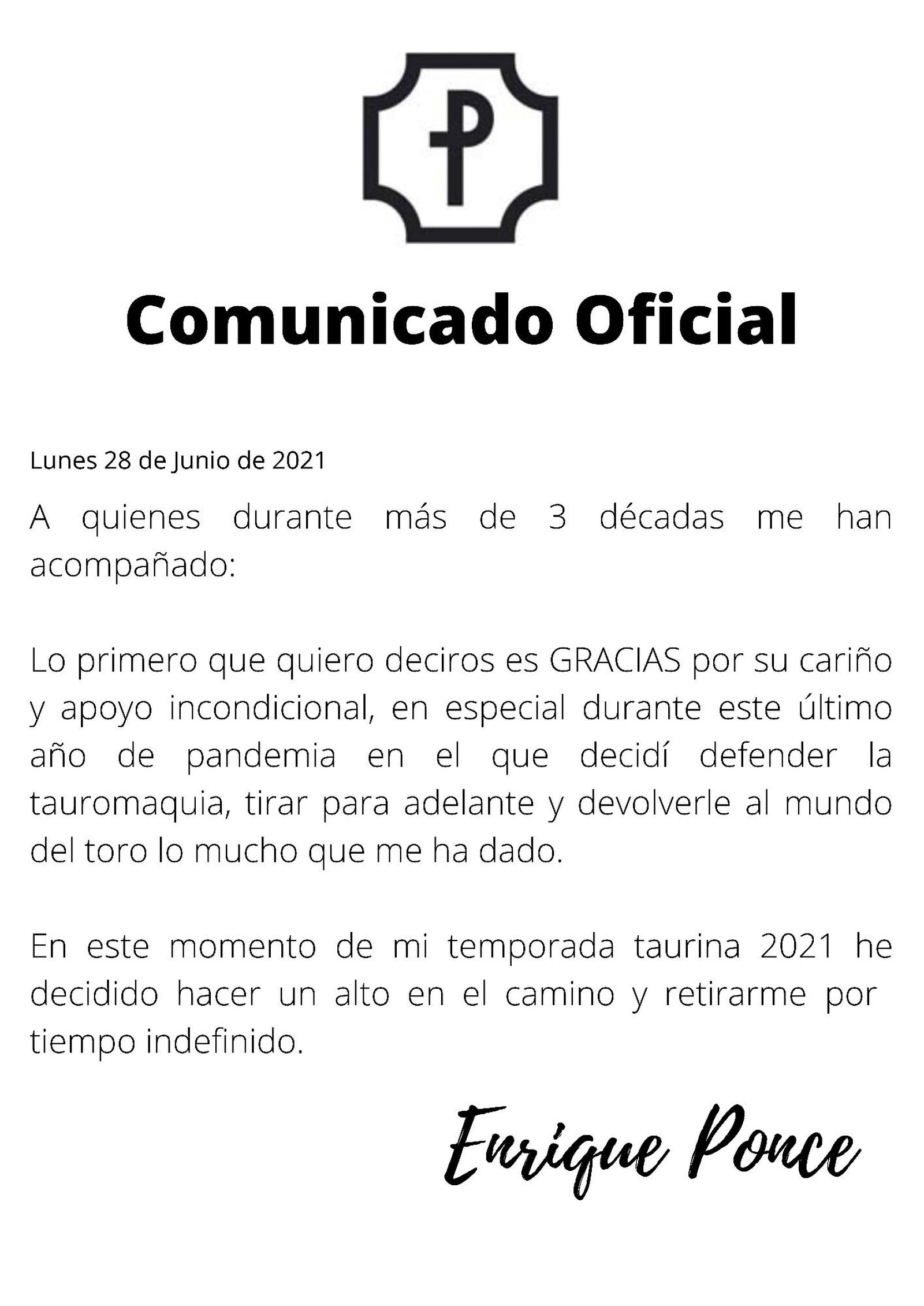 Comunicado oficial emitido por el diestro.