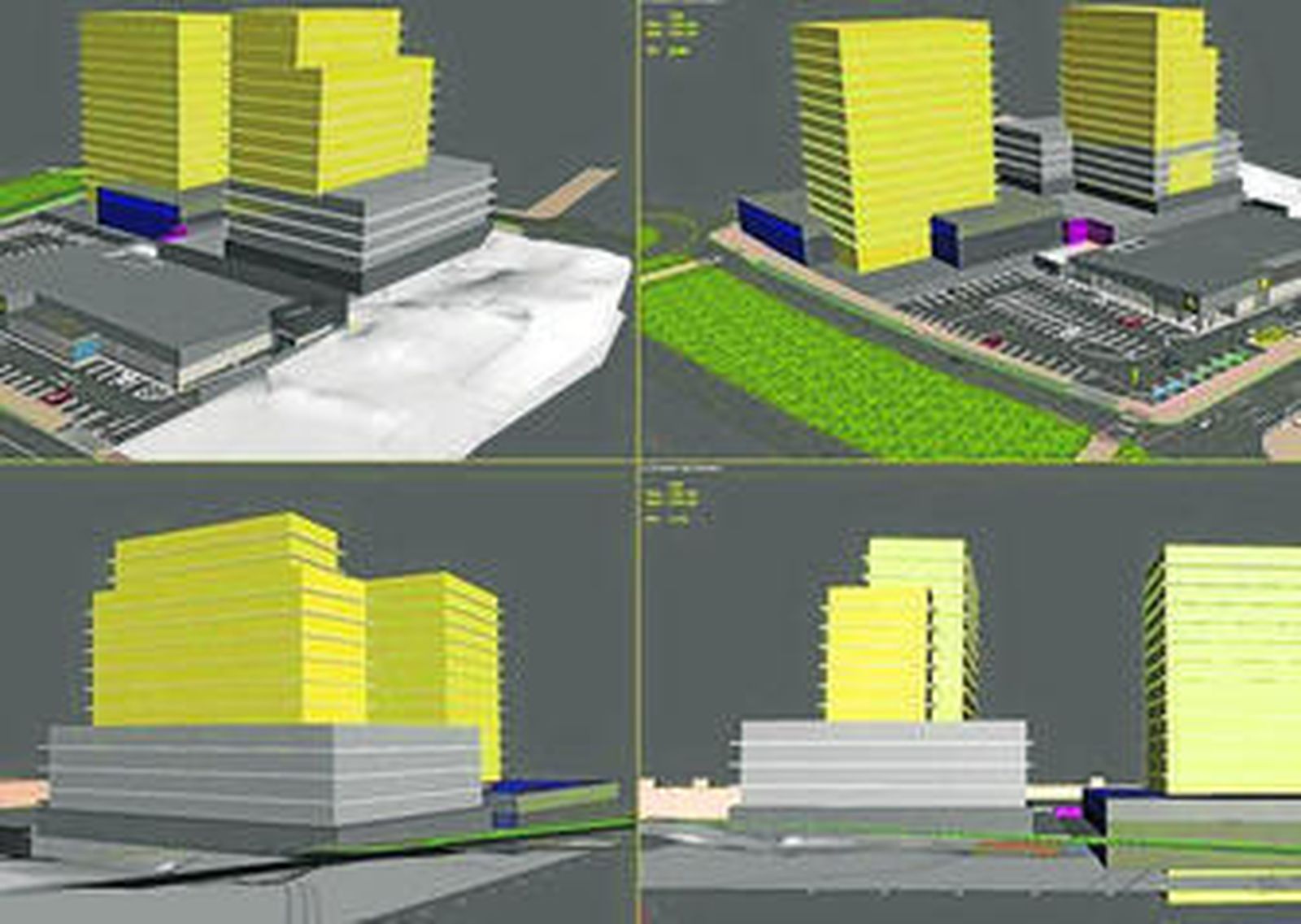 Propuesta de desarrollo del sector de Arcos, con dos edificios y el supermercado Lidl con el aparcamiento.