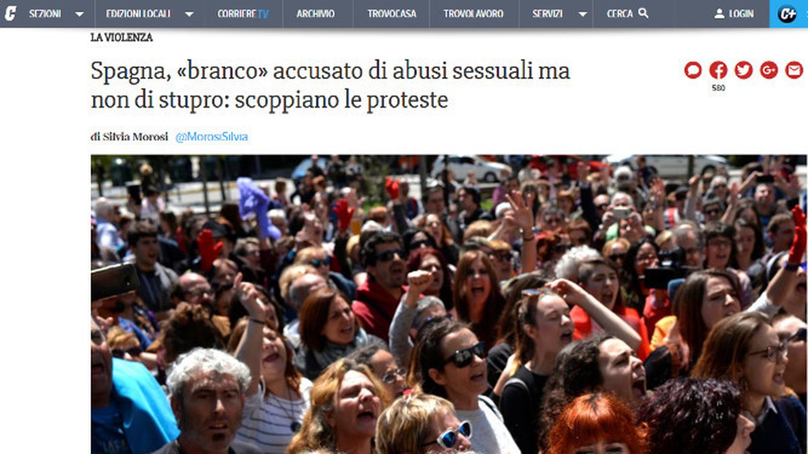En Italia, El 'Corriere della Sera' recoge: 'España,  'la Manada' acusada de abuso sexual pero no violación: estallan las protestas'