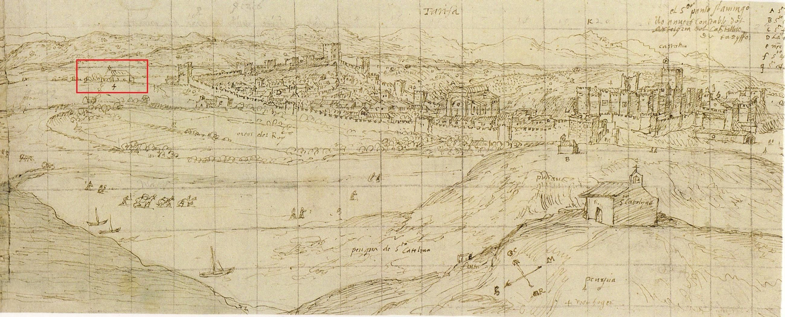 Vista de Tarifa en 1567. Anton Van den Wyngarde. Con la lera F y recuadro rojo la ermita de San Sebastián y San Roque.
