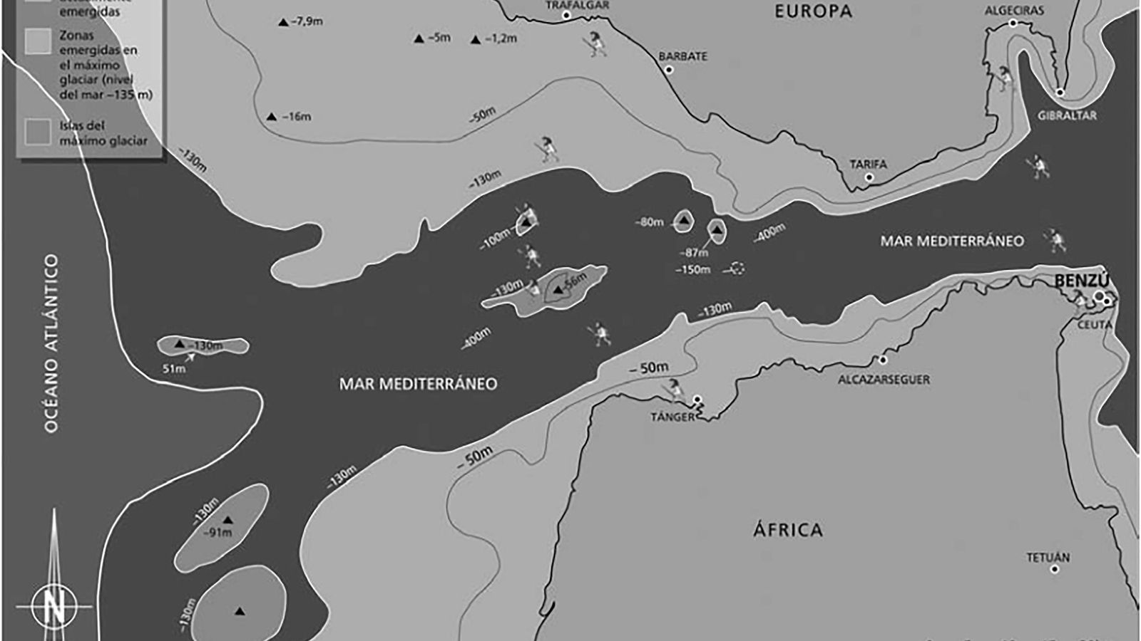 Mapa del Estrecho de Gibraltar en el que se aprecia el descenso del nivel del mar. Mapa del Estrecho de Gibraltar en el que se aprecia el descenso del nivel del mar.