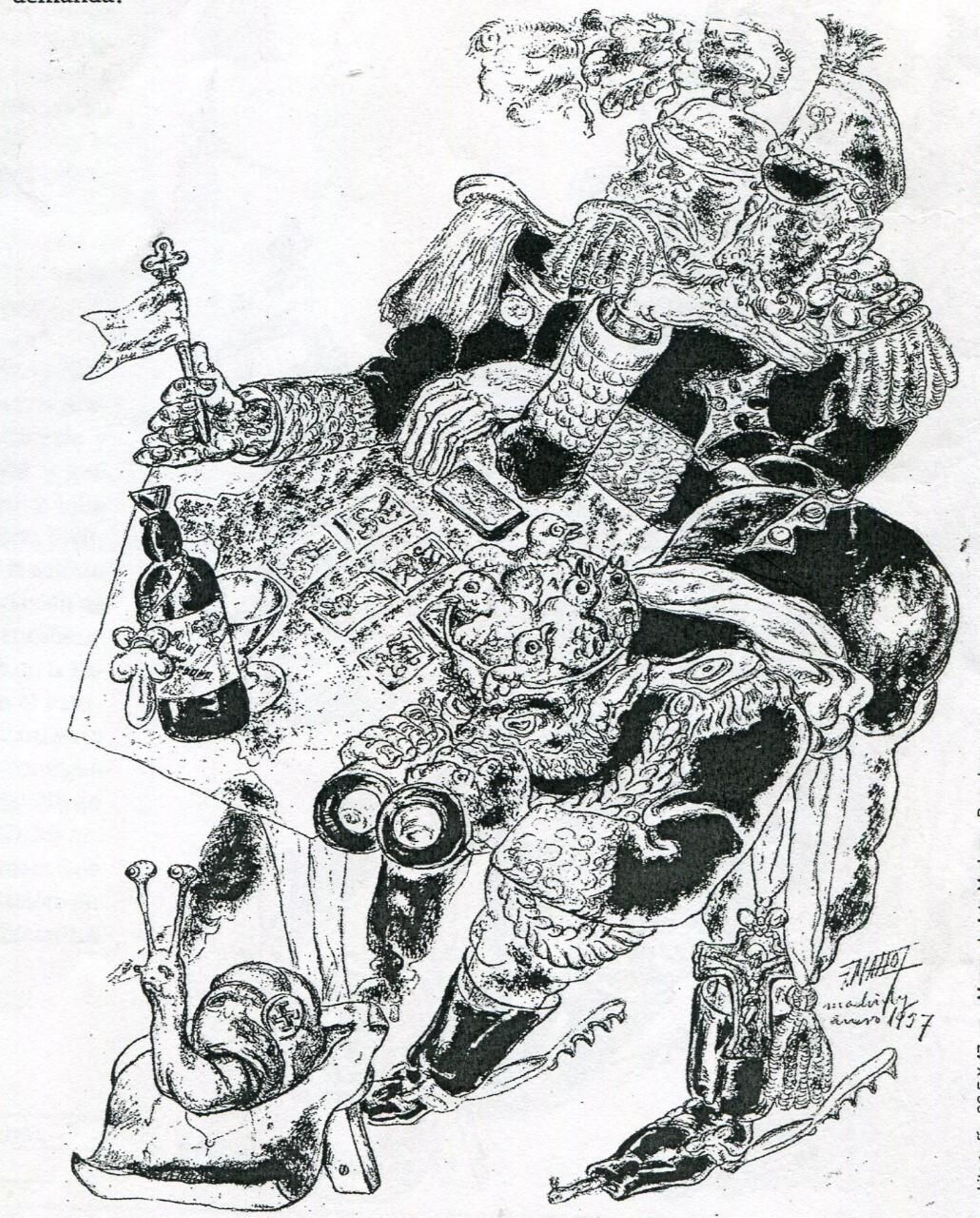 Una botella de Real Tesoro en un dibujo de Francisco Mateos González, 1937.