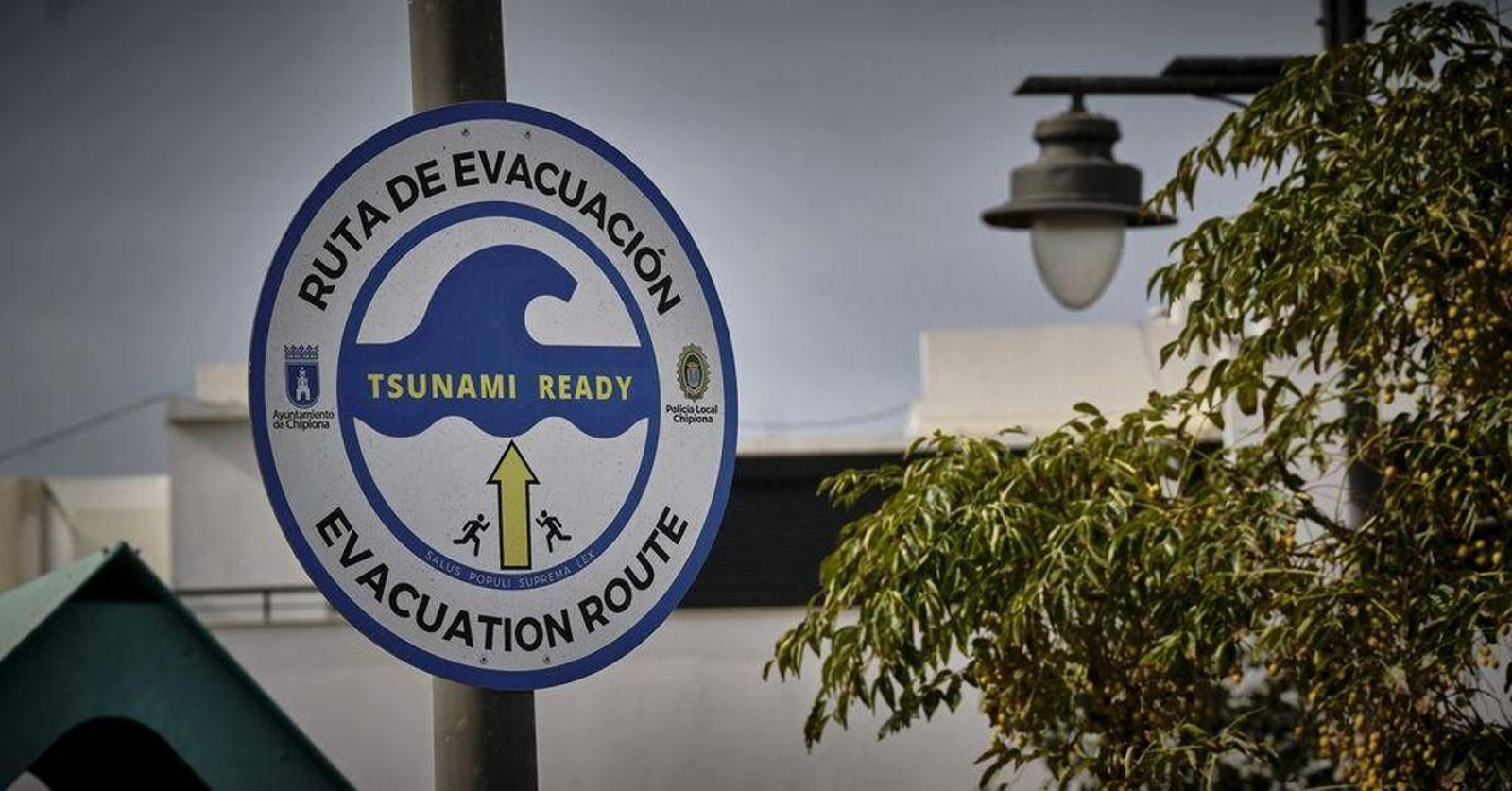 Un cartel de evacuación por tsunami del Ayuntamiento de Chipiona, en una imagen de archivo. Un cartel de evacuación por tsunami del Ayuntamiento de Chipiona, en una imagen de archivo.