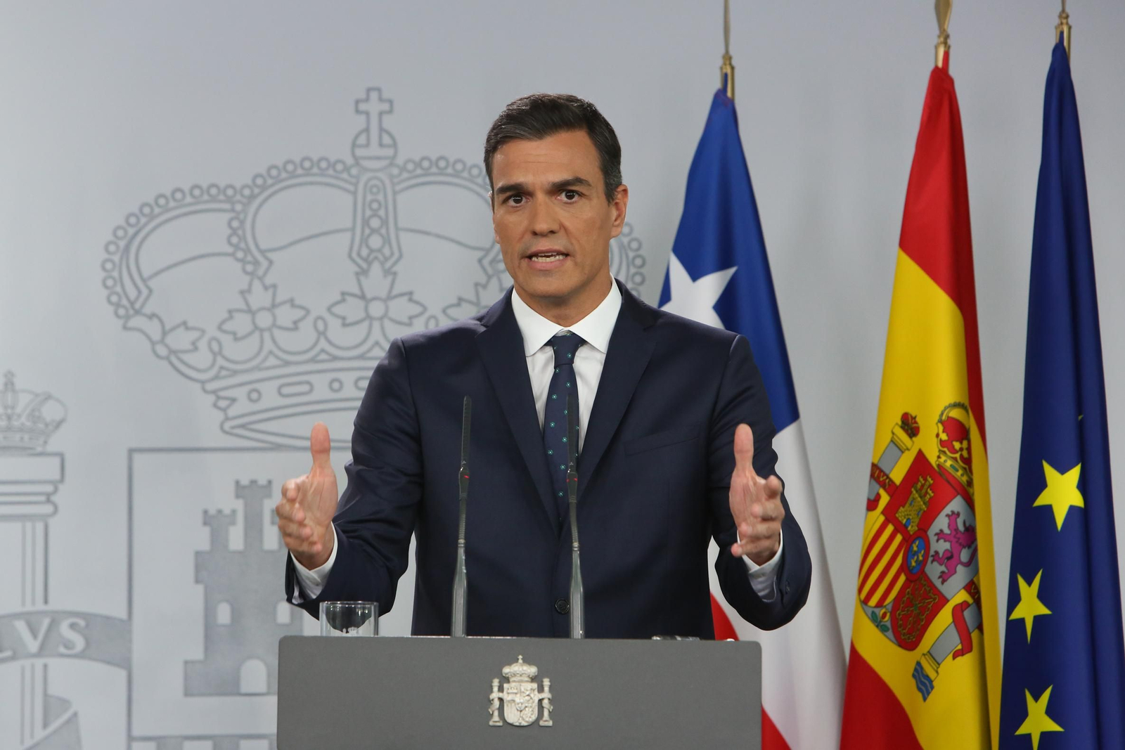 Pedro Sánchez, en una rueda de prensa en La Moncloa. Pedro Sánchez, en una rueda de prensa en La Moncloa.