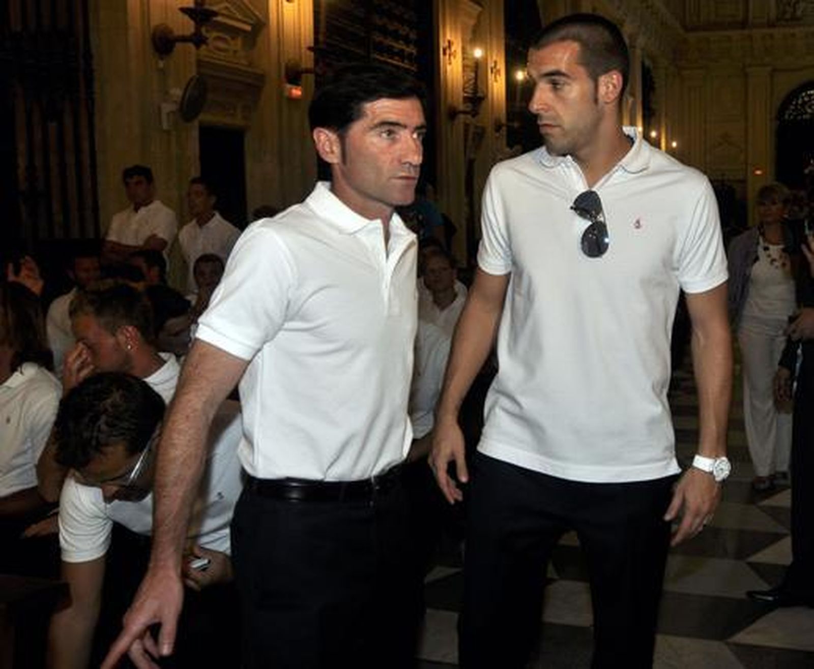 El entrenador Marcelino junto al delantero Negredo.  Foto: Manuel Gómez