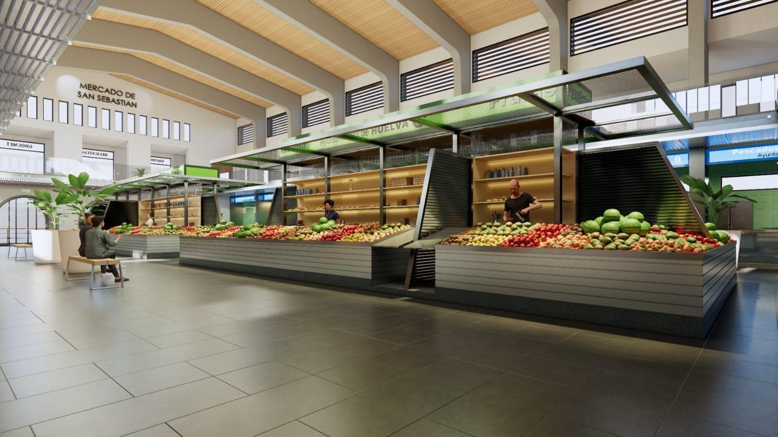 Imagen en 3D de los puestos de los detallistas en la planta baja del Mercado de San Sebastián. Imagen en 3D de los puestos de los detallistas en la planta baja del Mercado de San Sebastián.