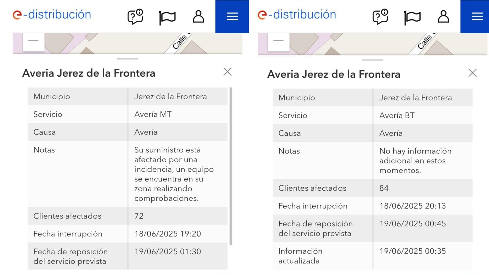 Información de la web de e-distribución, durante el corte de luz en la zona de Hipercor en Jerez, con más de 150 clientes afectados. Información de la web de e-distribución, durante el corte de luz en la zona de Hipercor en Jerez, con más de 150 clientes afectados.
