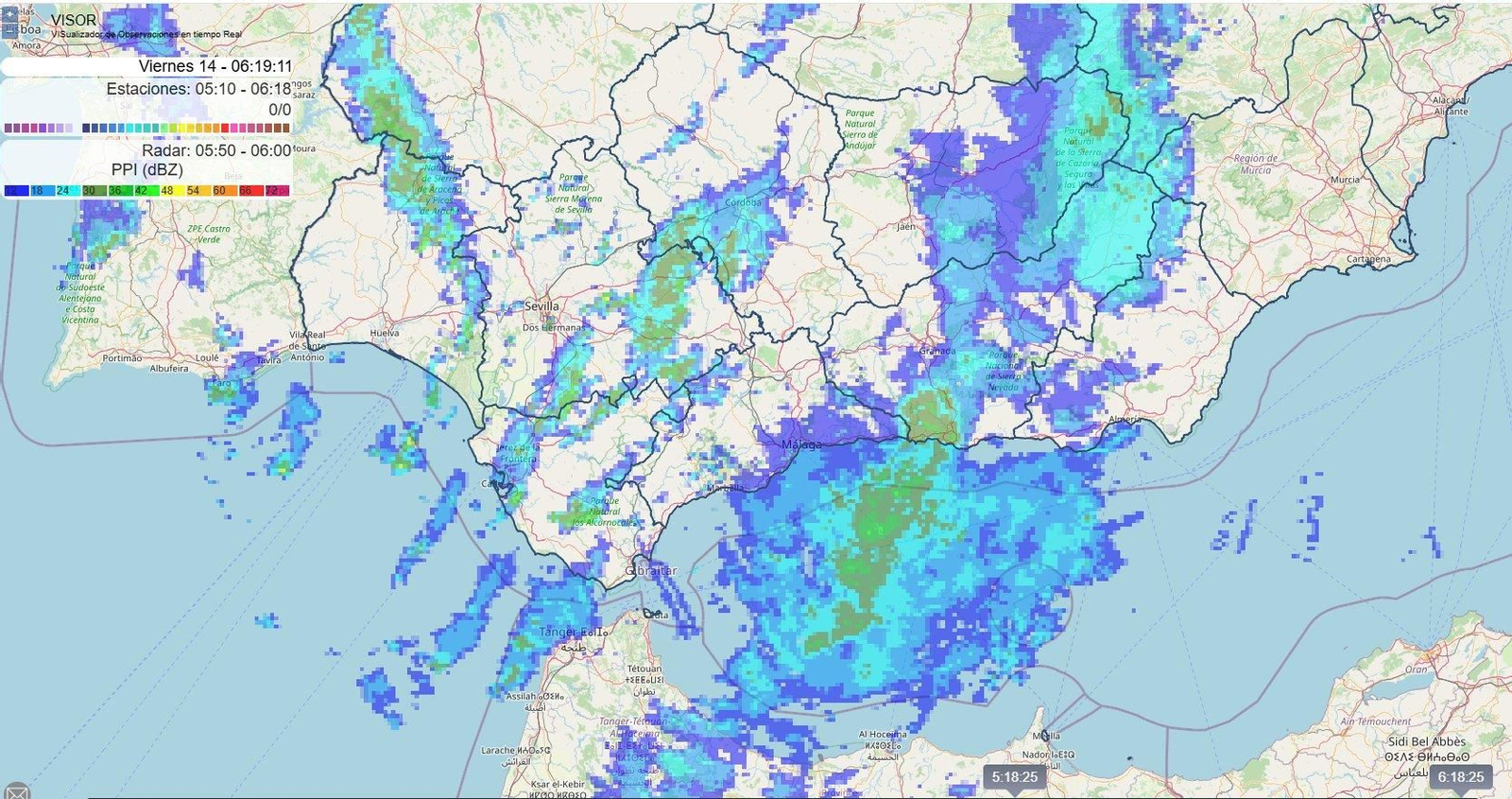 Banda de lluvia sobre la provincia de Granada.