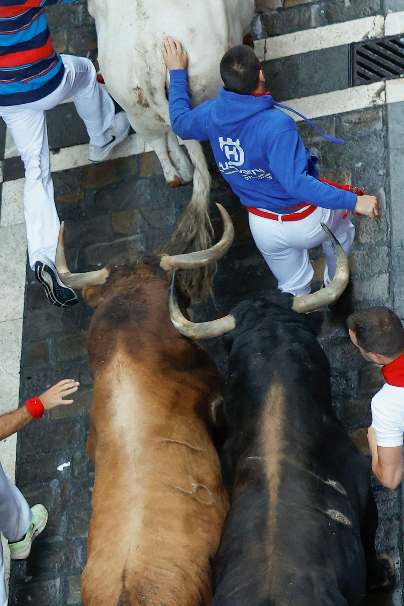 La bravura de Tarifa se hace notar en Pamplona: tres heridos en un encierro con toros de La Palmosilla
