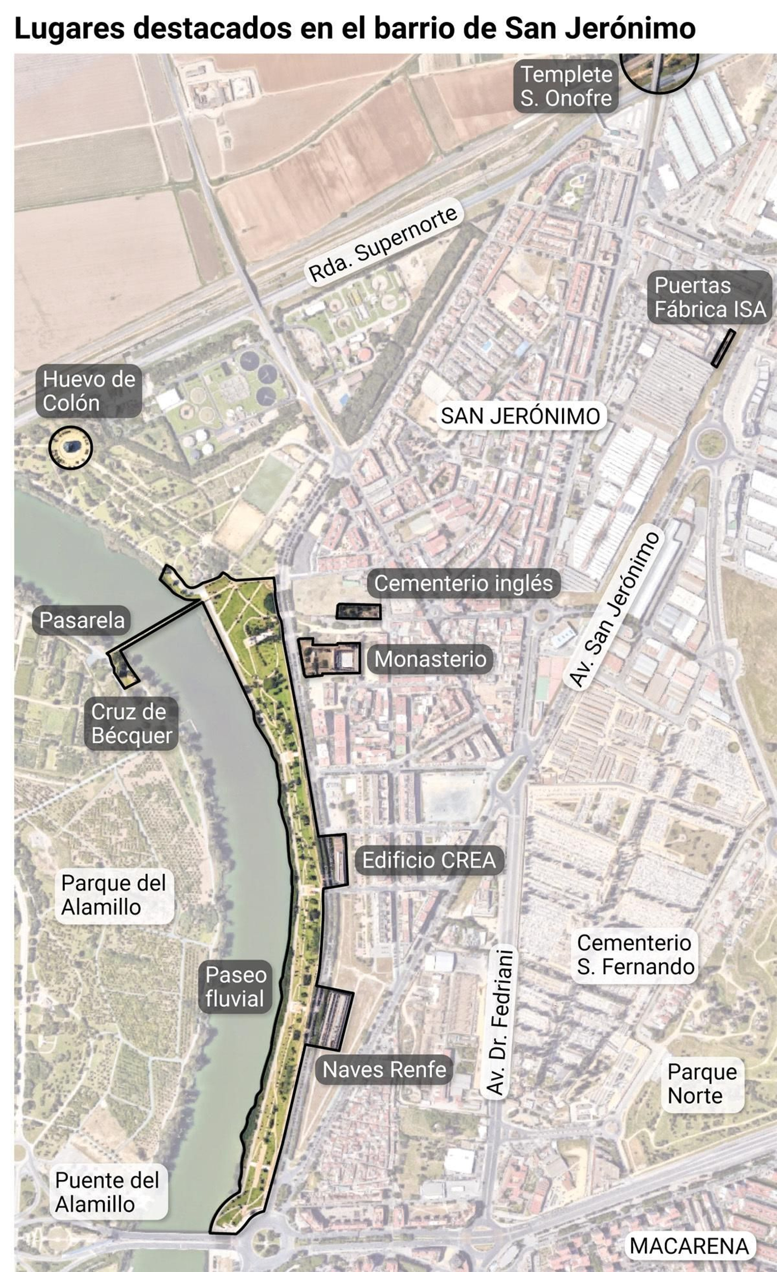 Localización de los lugares señalados en este reportaje. Fuente: Asociación de Vecinos de San Jerónimo y Google Maps.
