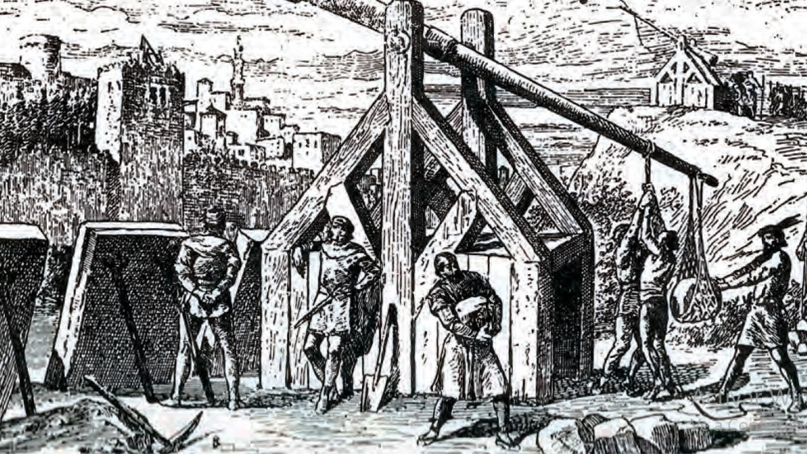 Trabucos lanzando bolaños sobre una ciudad sitiada (siglo XIV).