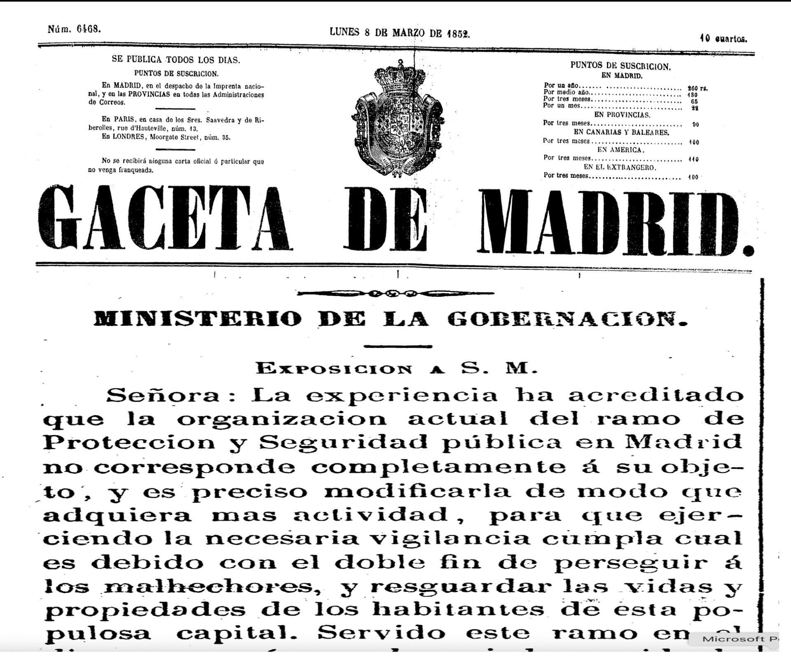 'Gaceta de Madrid' del 8 de marzo de 1852 publicando un real decreto creando el Servicio de Vigilancia.