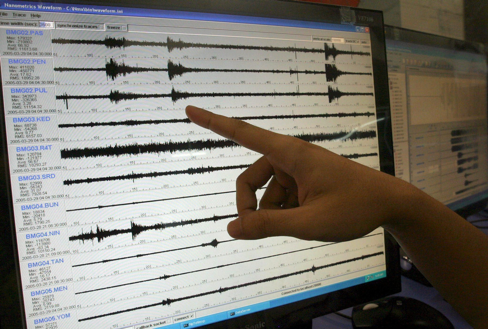 Sismólogos muestran el gráfico de un terremoto, en una fotografía de archivo.