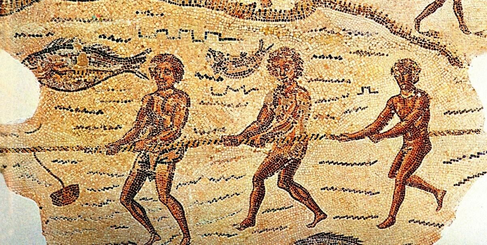 Jabegueros tirando de la jábega en un mosaico romano del siglo II d.C. (Museo del Bardo, Túnez).