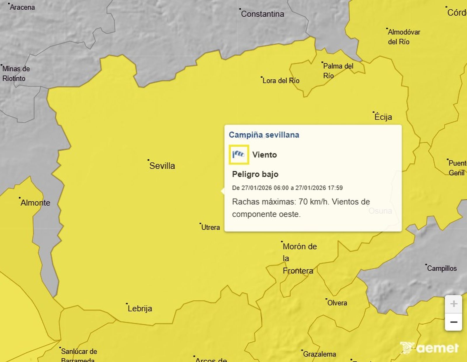 Aviso amarillo por rachas de viento en Sevilla este martes