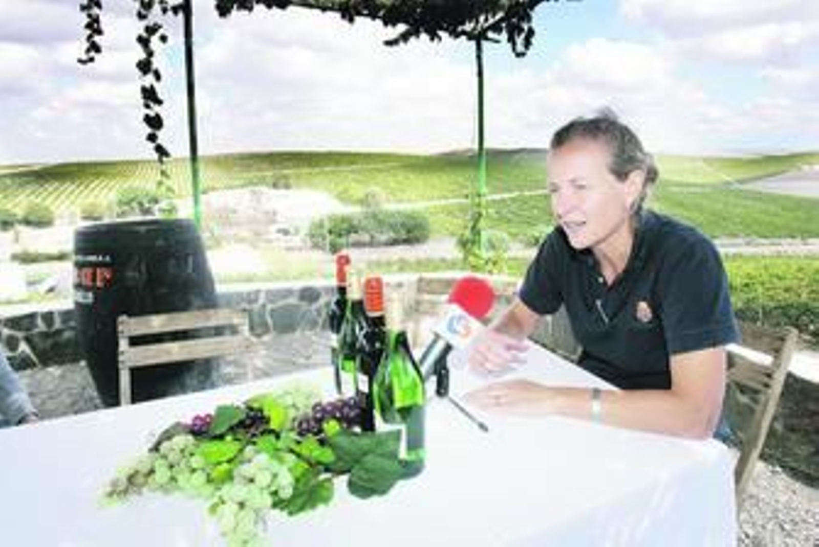 La enóloga de Barbadillo, Montserrat Molina, ayer en la planta de vinificación de Gibalbín, con un 'mar' de viñas al fondo.
