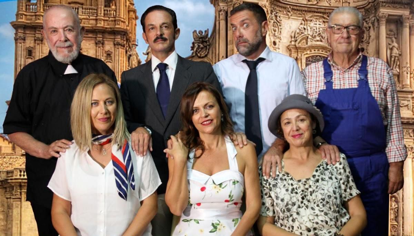 Mariano Sopedra junto al elenco de actores que participan en la obra.