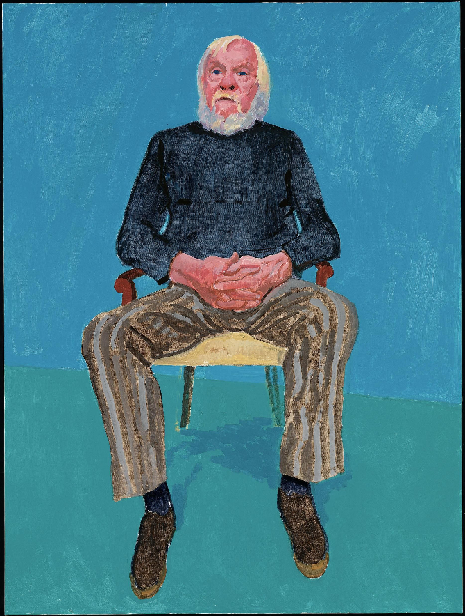Apología de la pintura. Hockney recoge frontalmente a John Baldessari en su retrato para esta serie. Arriba, la diseñadora Rita Pynoos, cuidadamente dibujada con su falda bermellón. A la derecha de estas líneas, retrato de la comisaria de la muestra, Edith Daveney.