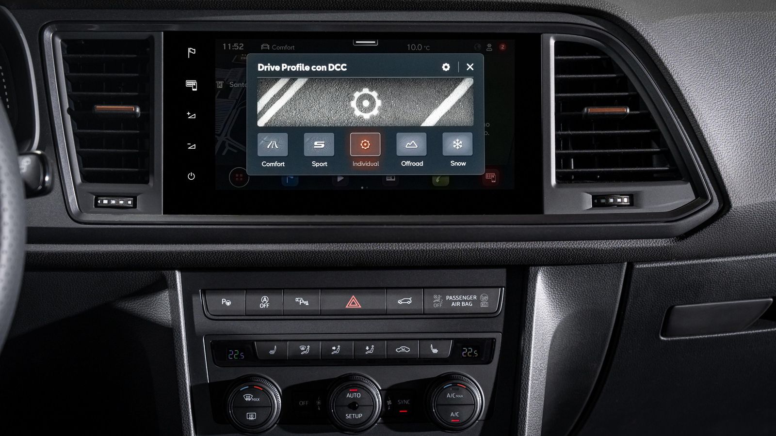 La pantalla de infoentretenimiento soporta los modos de conducción en el caso de que el Ateca disponga de la amortiguación regulable electrónicamente.