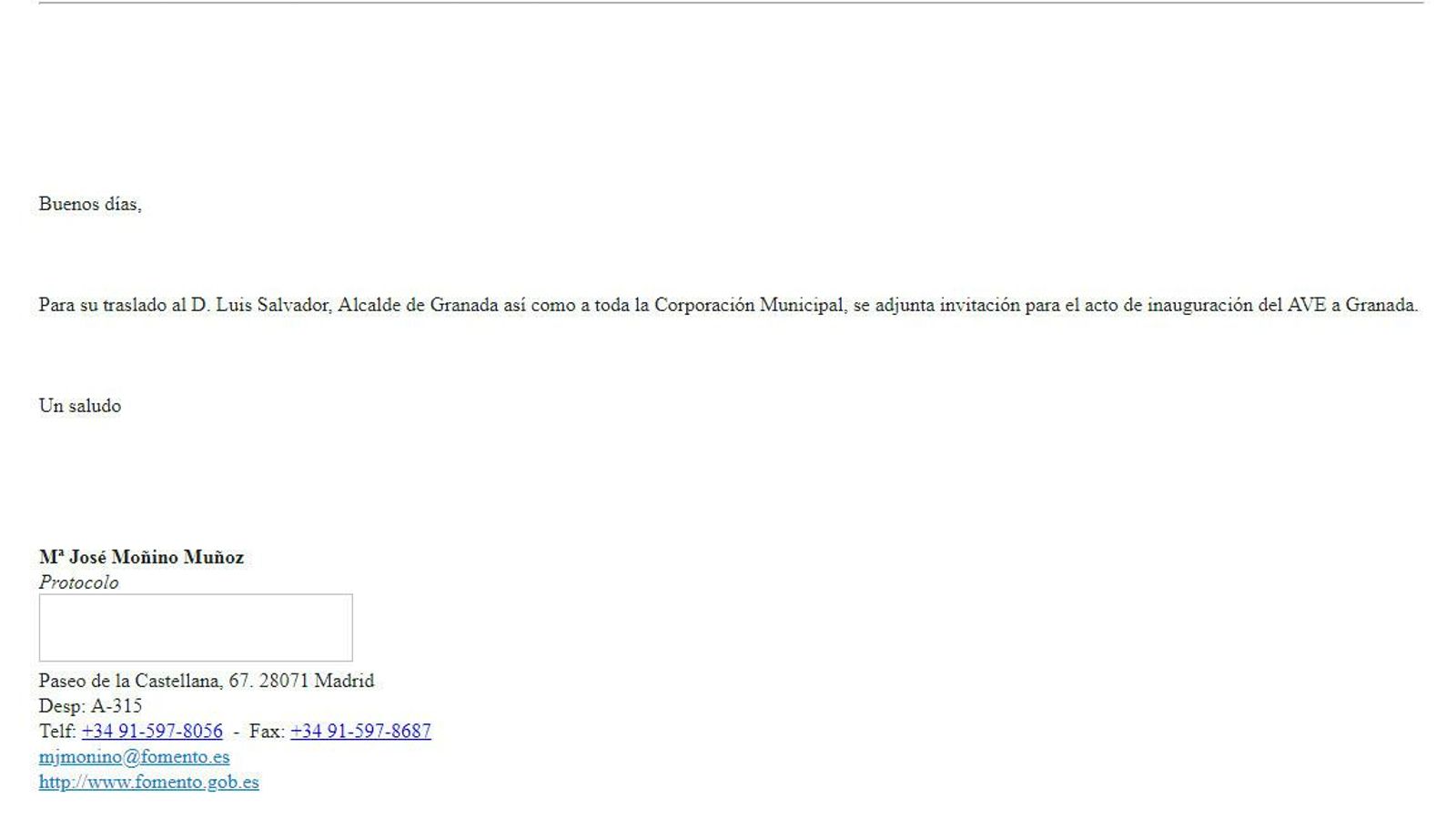 Correo entre Fomento y el Ayuntamiento de Granada