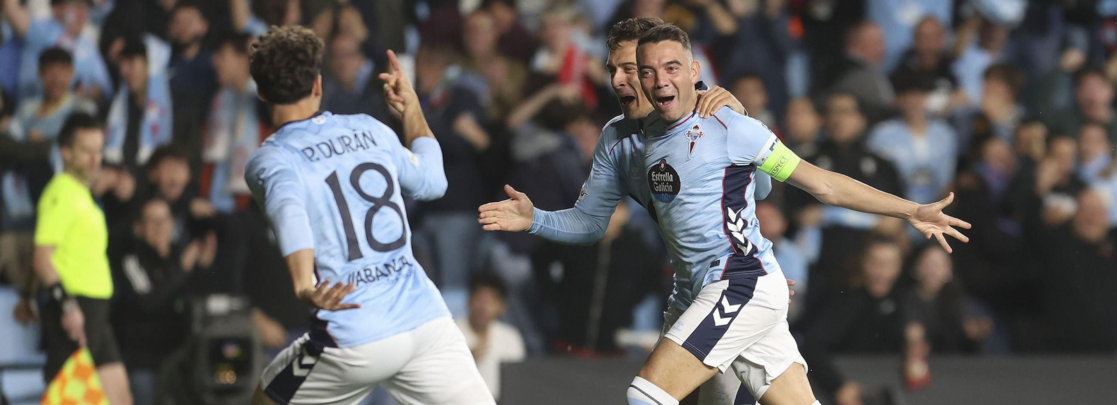 Iago Aspas celebra el primer gol del Celta ante el Niza en una noche histórica para él.