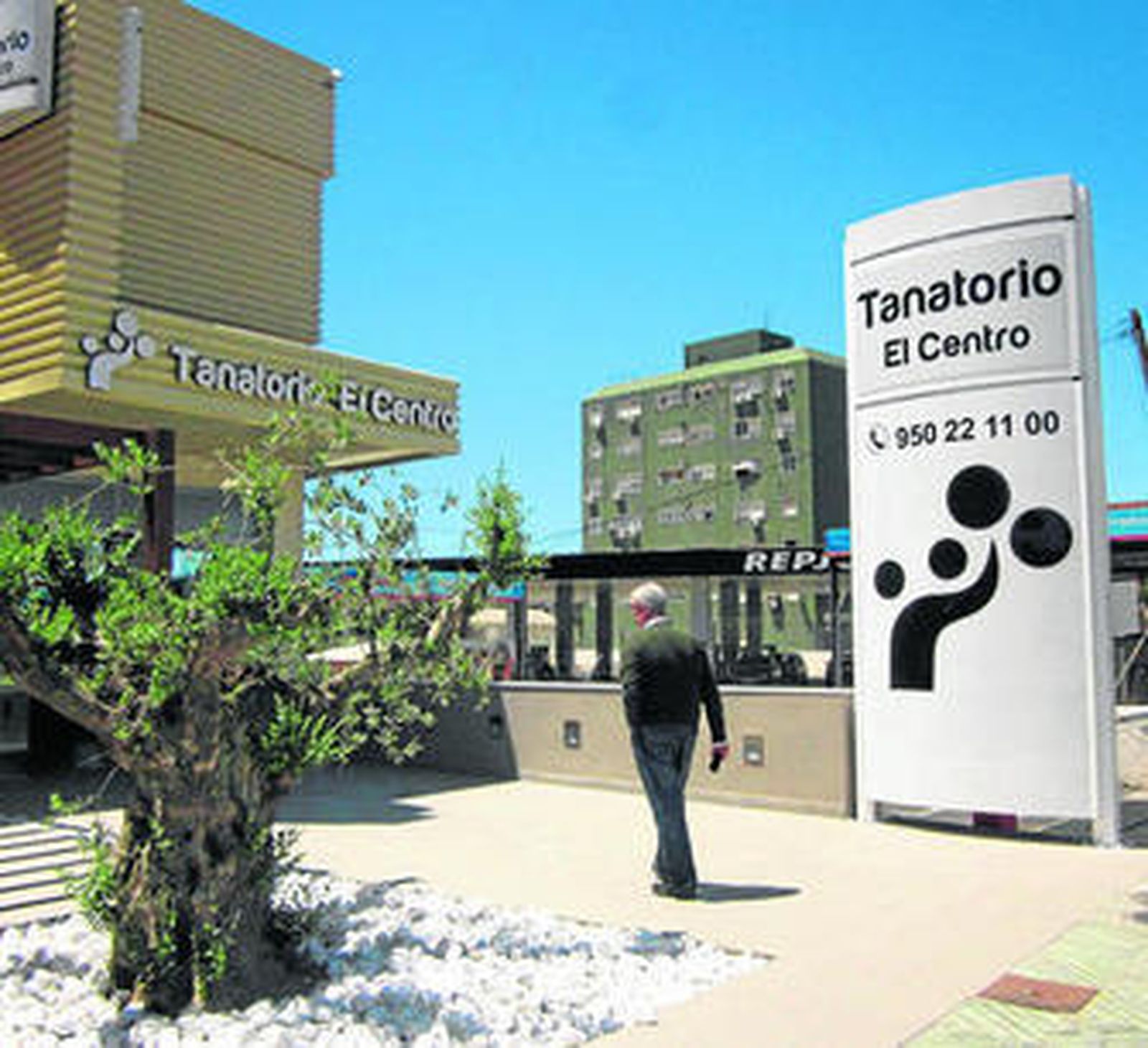 Entrada principal al nuevo edificio que preside un olivo, seña de identidad de la empresa.