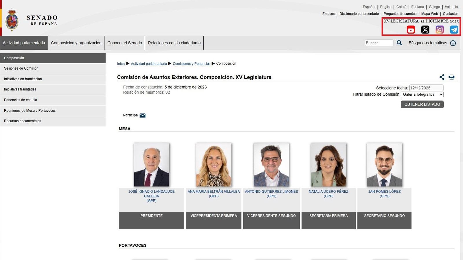 Landaluce, en el organigrama de la Comisión de Asuntos Exteriores del Senado, este viernes.
