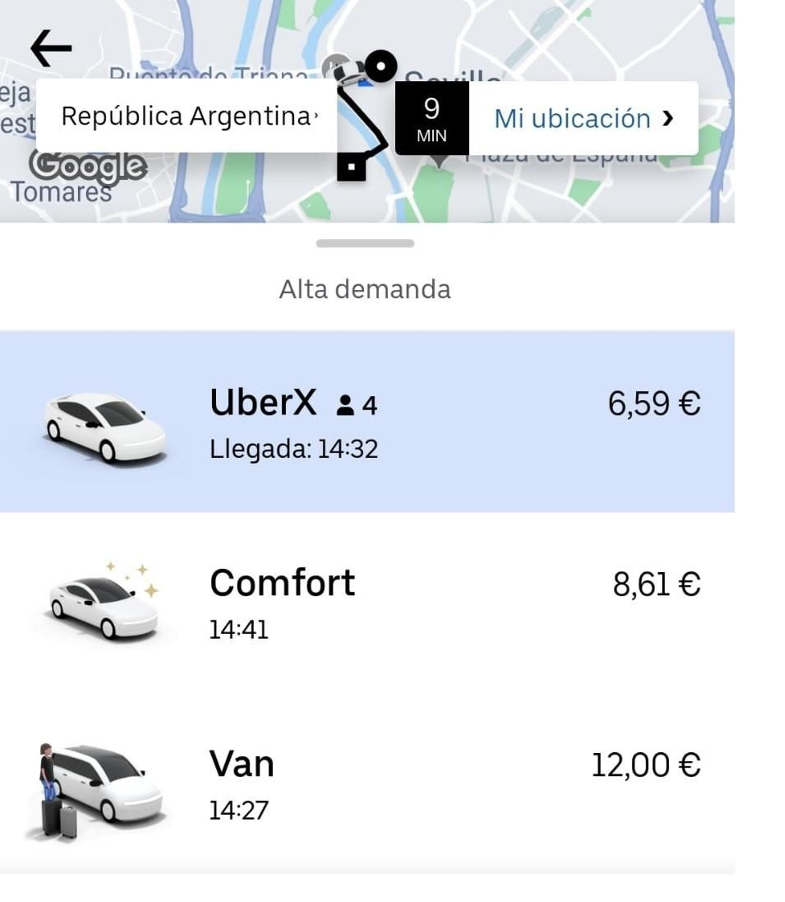 Tipos de modalidades Uber en Sevilla.