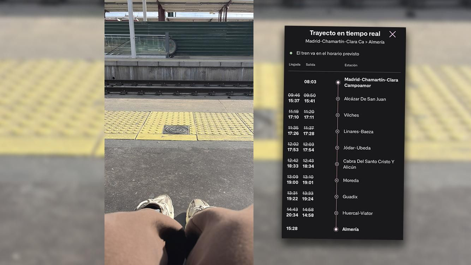 Sentada en el suelo de la vía 10 de Chamartín y, a la derecha, información del trayecto en la App de Renfe.
