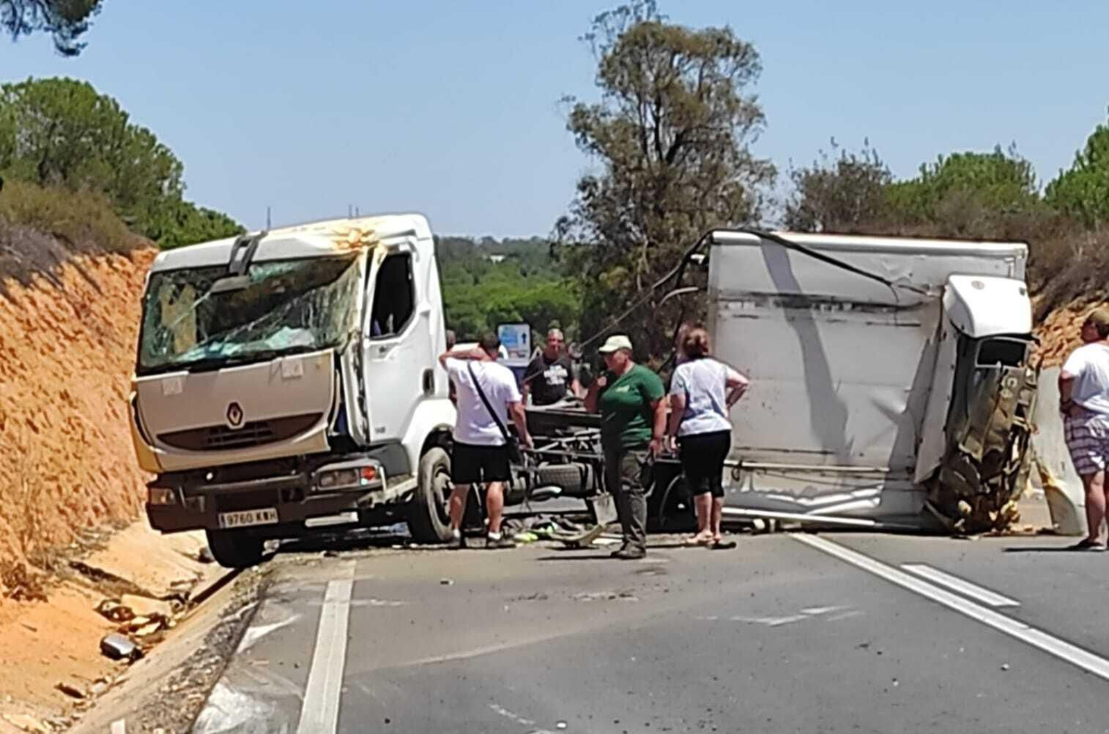 El camión accidentado corta la A-486 en el km 14. El camión accidentado corta la A-486 en el km 14.