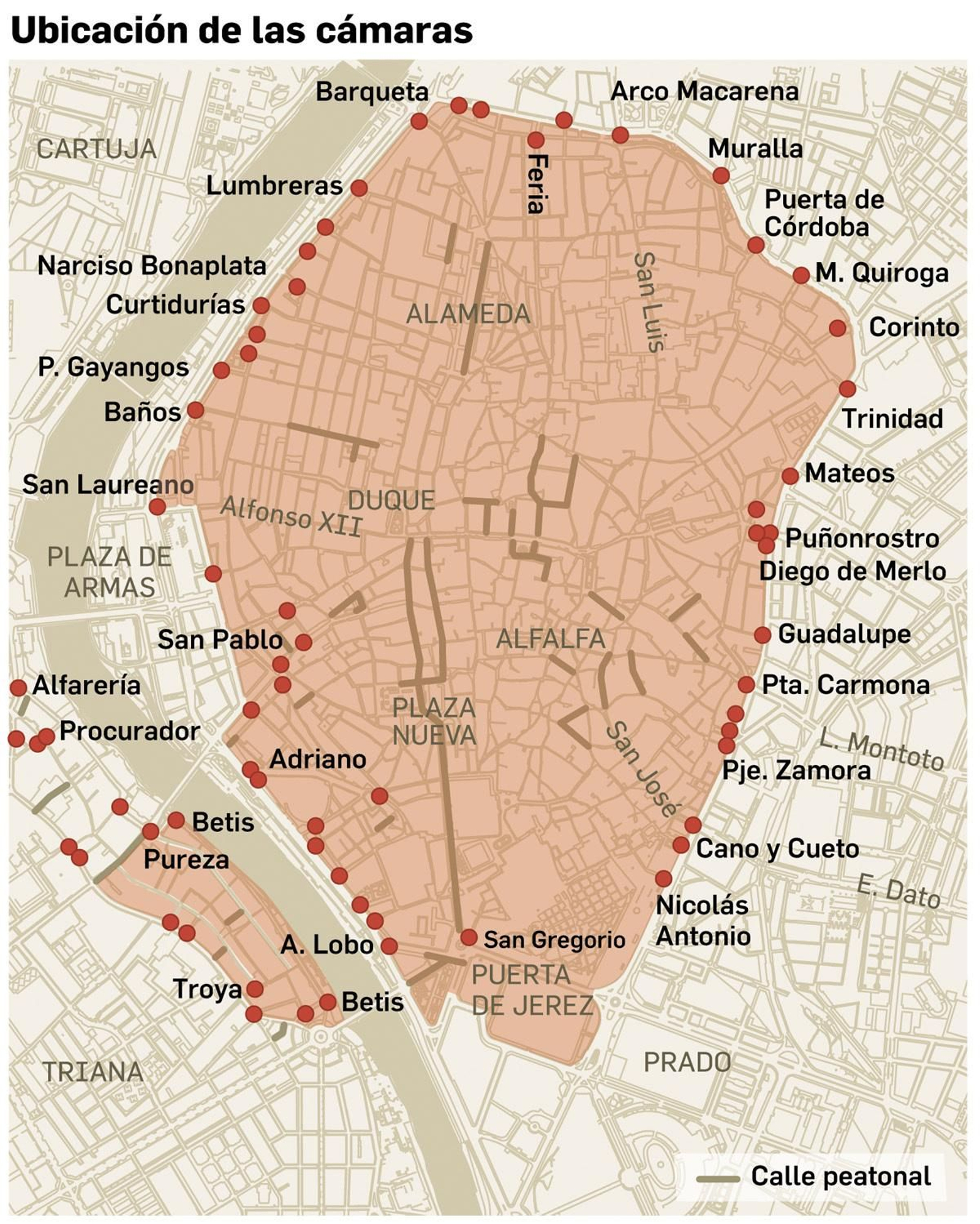 Mapa de localización de las cámaras del Plan Respira. Fuente: Ayuntamiento de Sevilla.