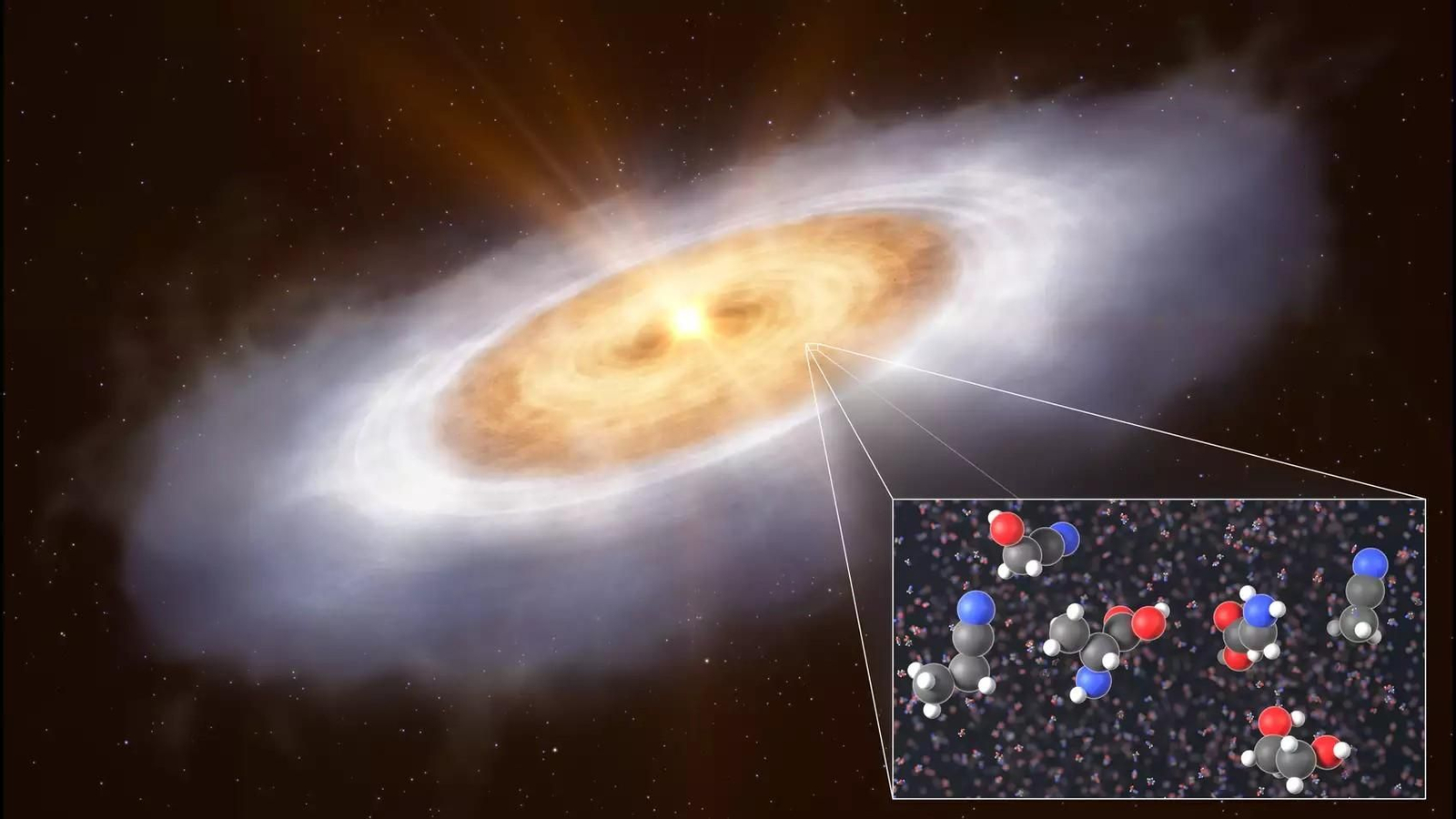 Recreación artística que muestra el disco de formación planetaria alrededor de la estrella V883 Orionis.