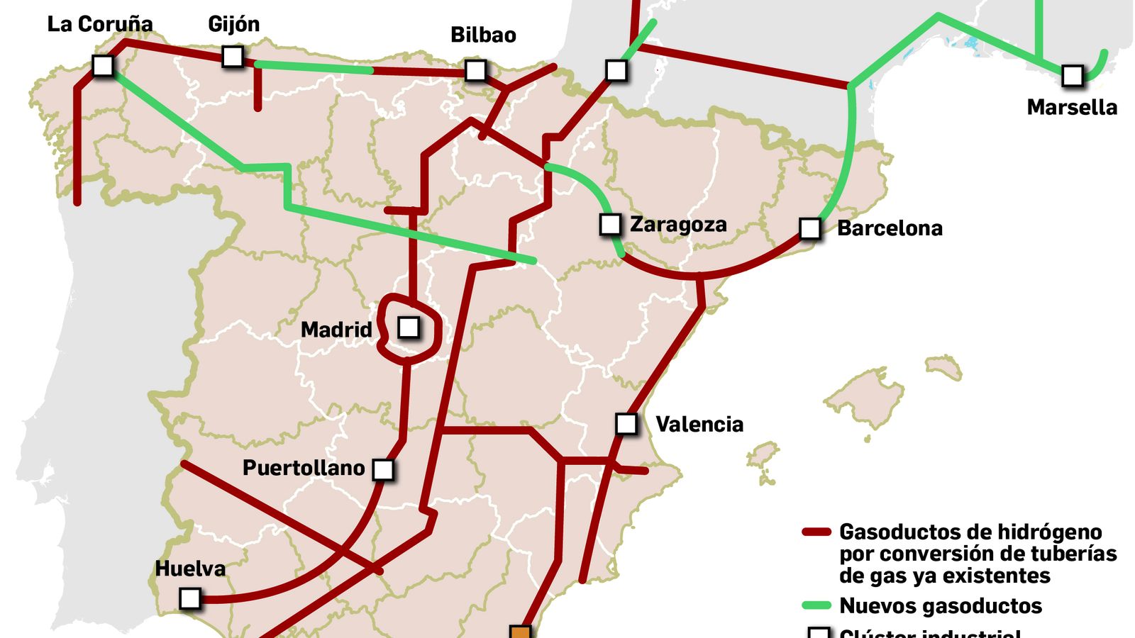 Mapa de hidroductos con Huelva en una posición estratégica.