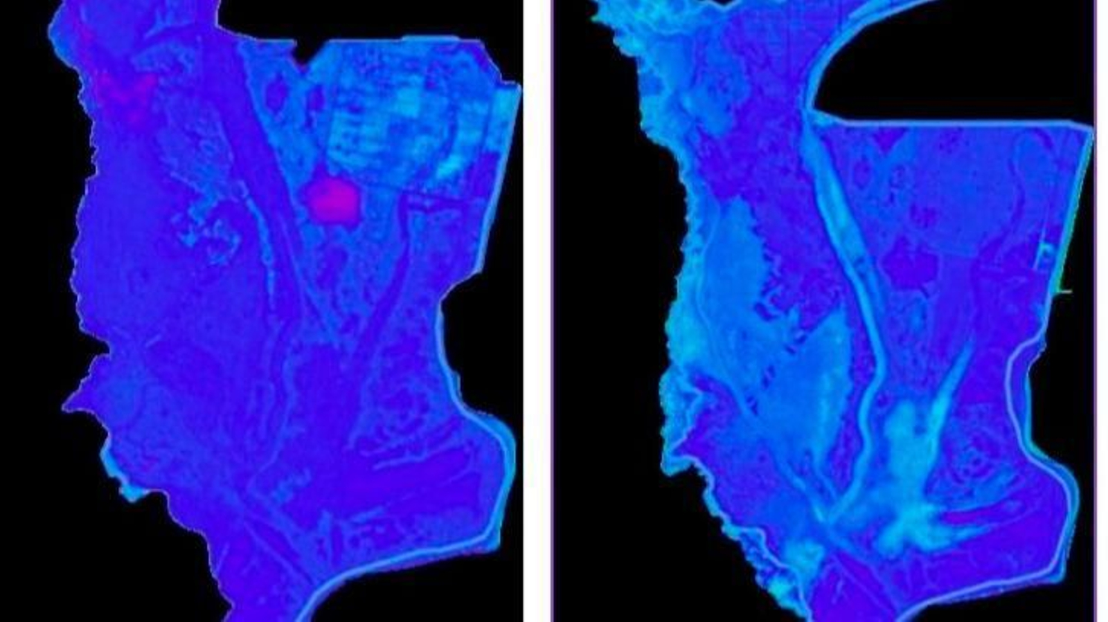 Imágenes por satétile que reflejan el suelo húmedo (azul oscuro) y el agua en superficie (más claro).