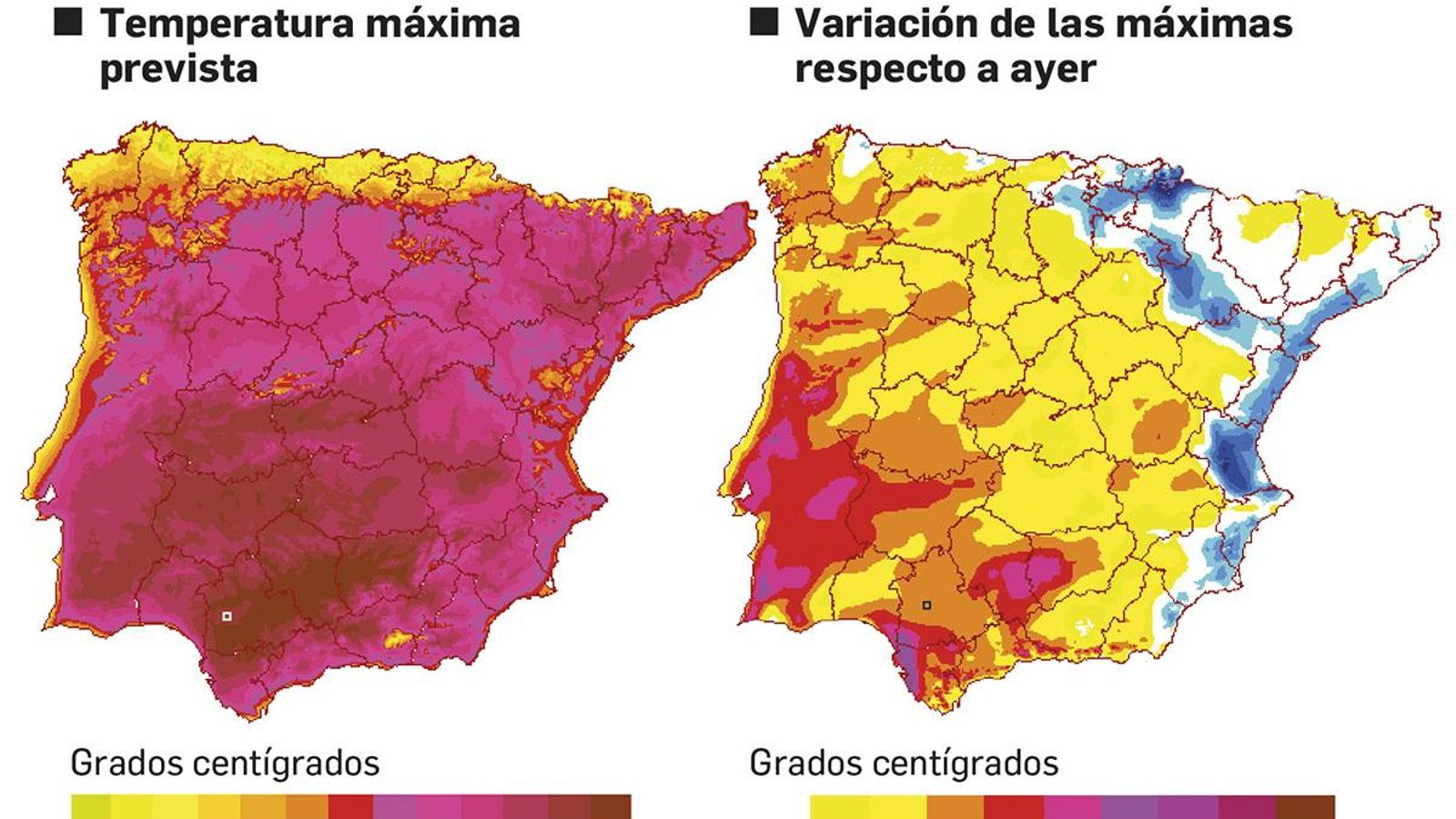 Previsión de temperaturas para hoy en España. Fuente: Aemet.