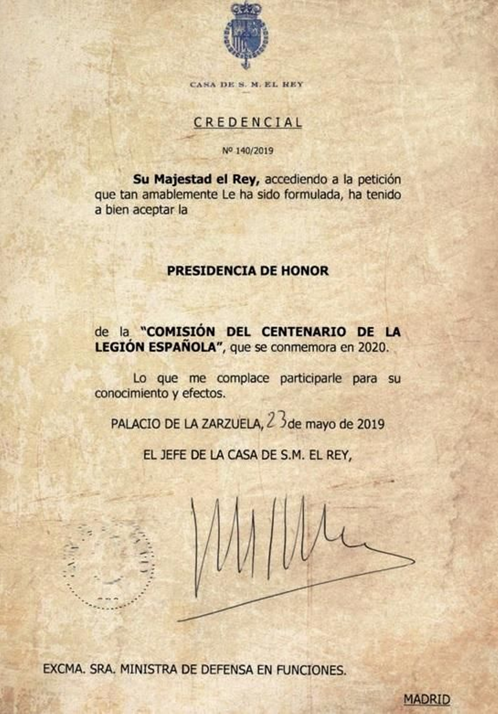Documento de la Casa Real que acredita la aceptación de la presidencia de honor
