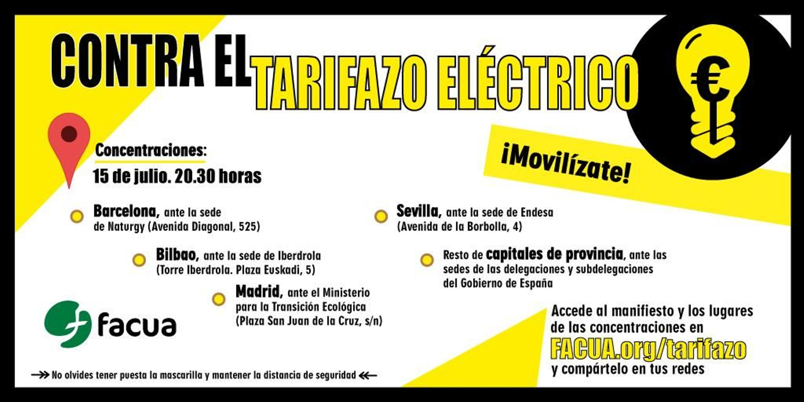 Cartel de las concentraciones organizadas por Facua frente a la subida de la luz Cartel de las concentraciones organizadas por Facua frente a la subida de la luz