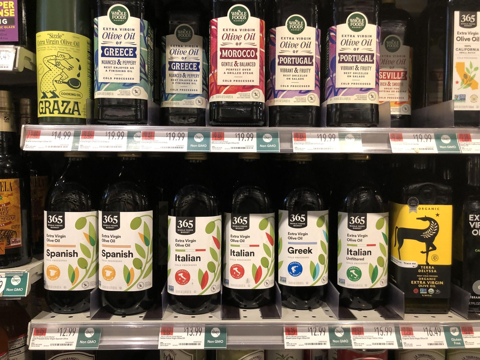 Lineal de aceites de oliva de distintos países en EEUU, entre ellos España