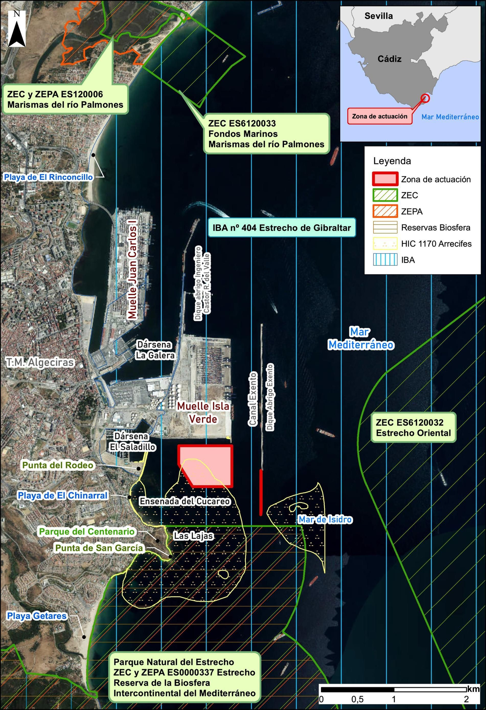 Infografía de la ampliación portuaria y las zonas protegidas adyacentes.