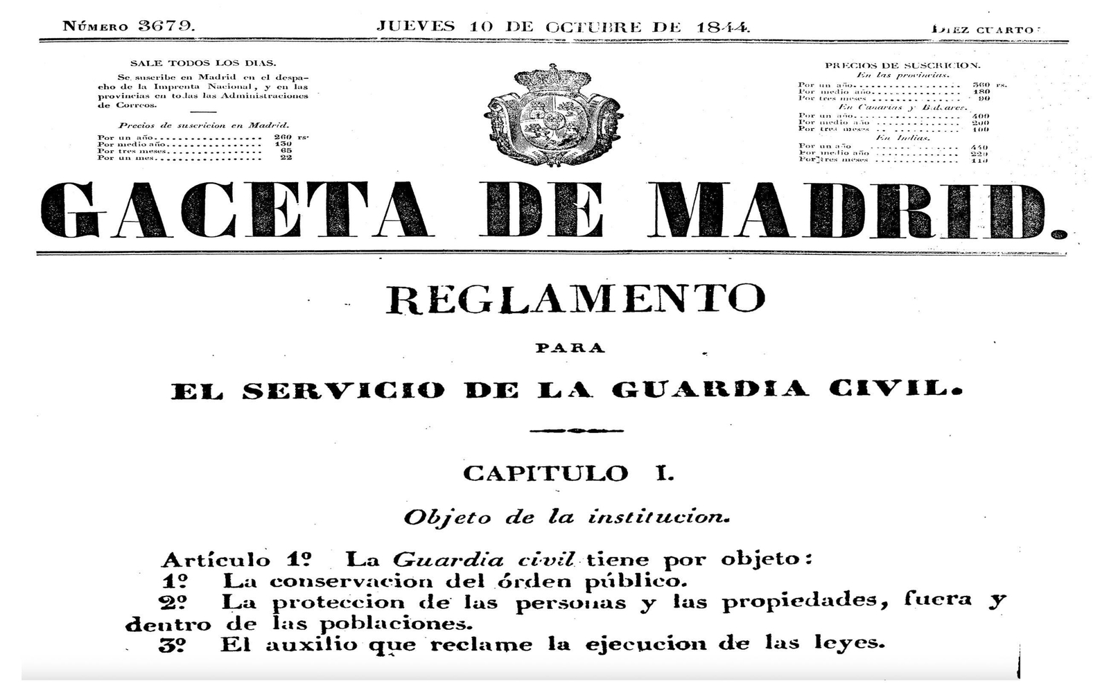 La Gaceta de Madrid de 1844 con el Reglamento para la Guardia Civil.