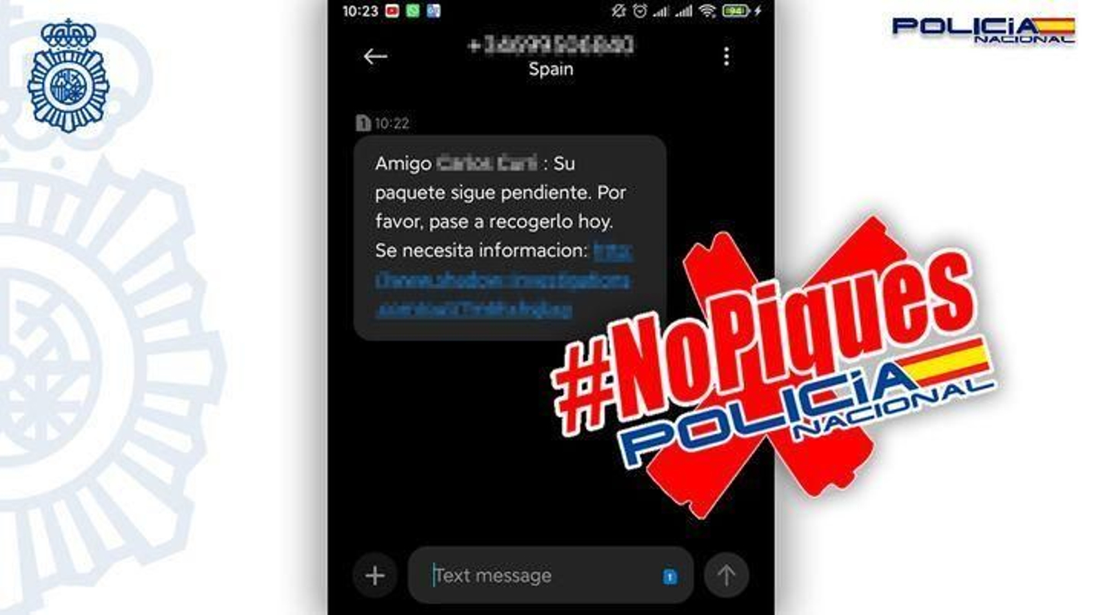 Ejemplo de SMS falso para que recojas un paquete.