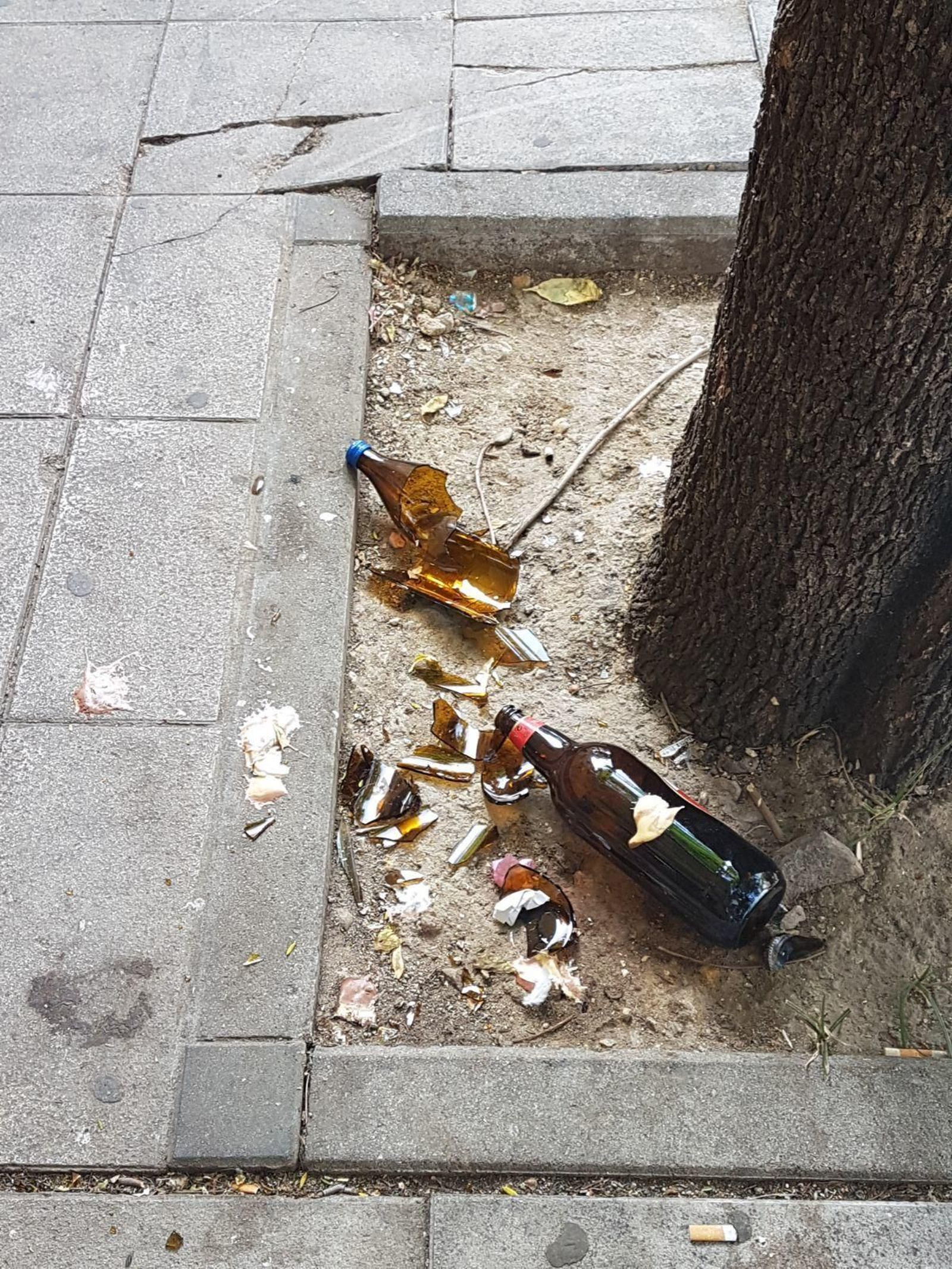 Botellas rotas en la vía pública