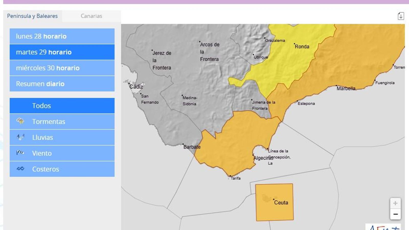 Mapa de avisos en el Campo de Gibraltar para el martes 29 de octubre.