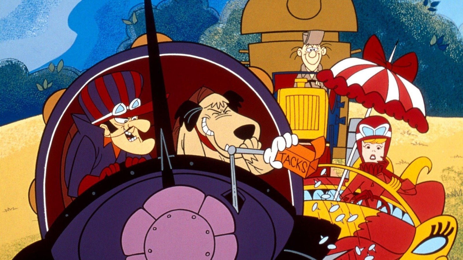 Algunos de los protagonistas de 'Autos locos', con el perro Patán