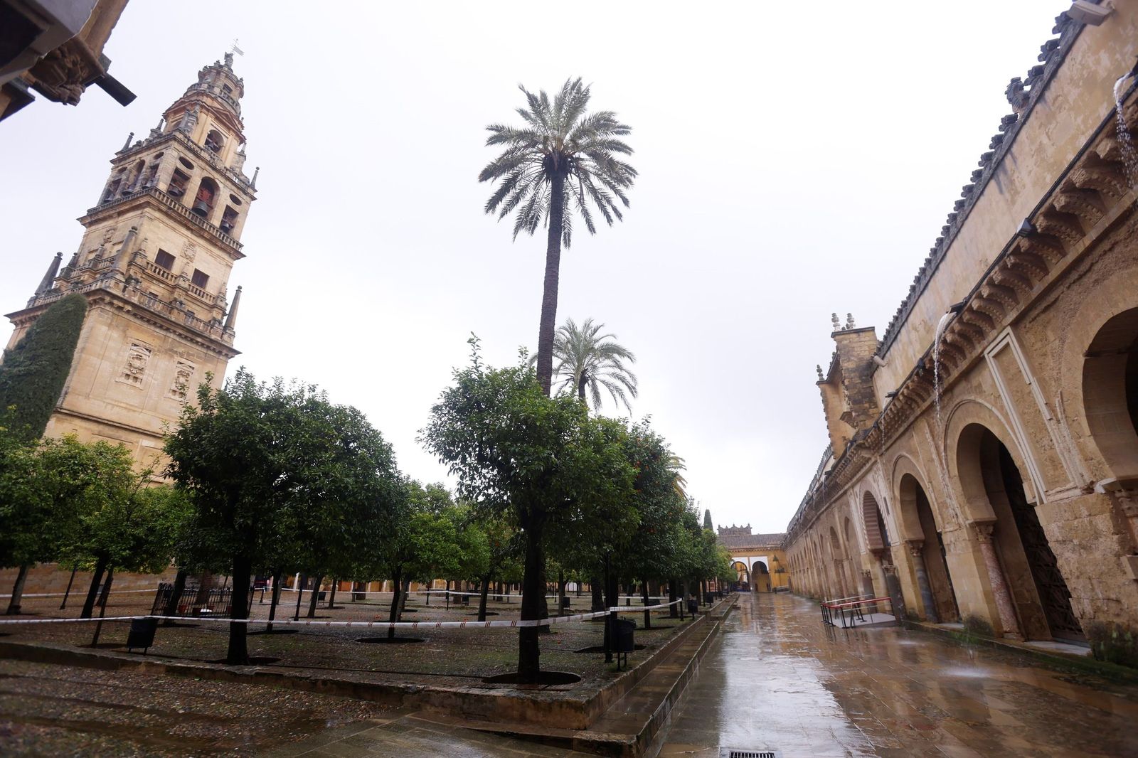 El Patio de los Naranjos de la Mezquita-Catedral por la borrasca Leonardo, en imágenes