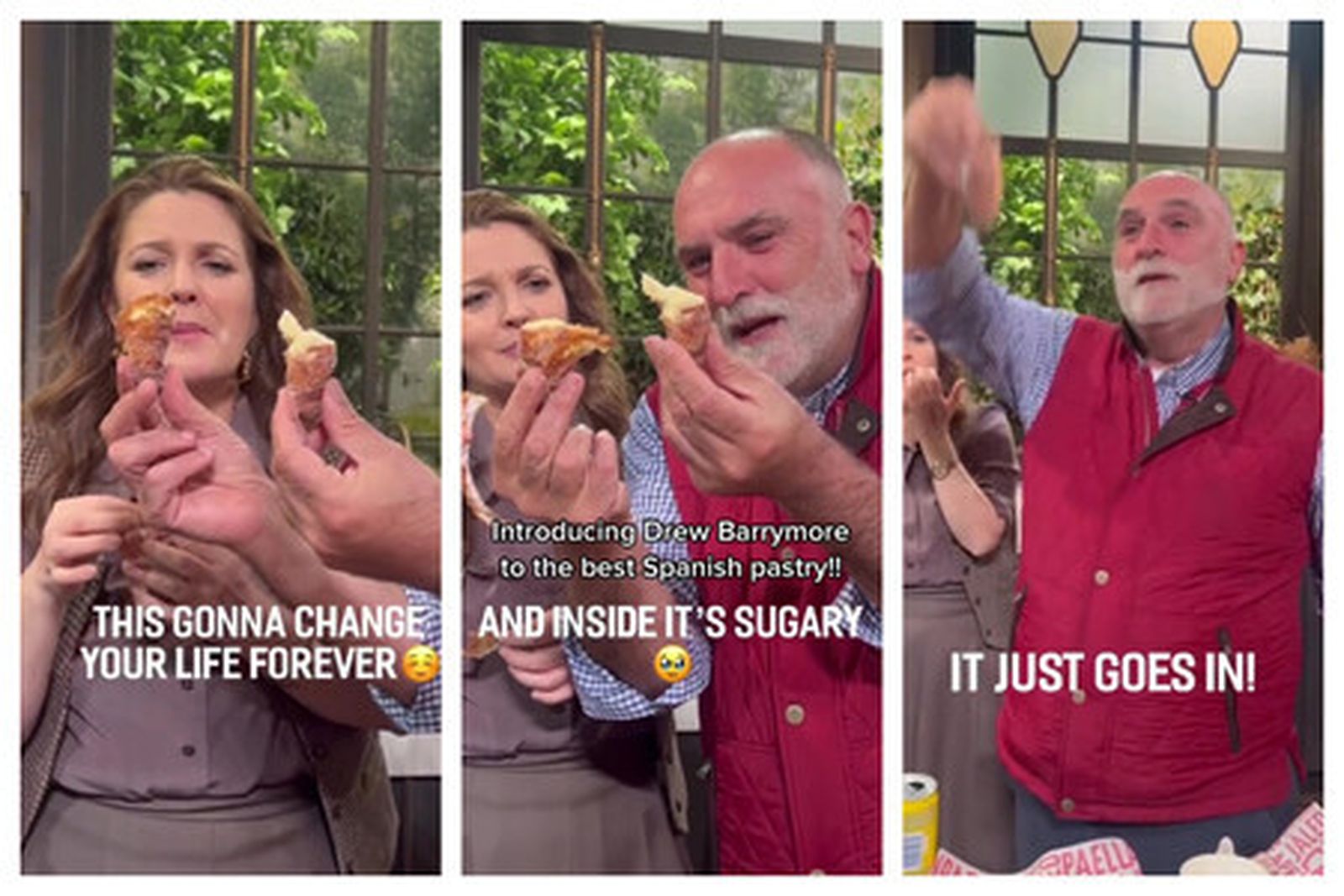 José Andrés realiza delante de Drew Barrymore una demostración casera sobre los chuchos, un dulce típico de Cataluña.